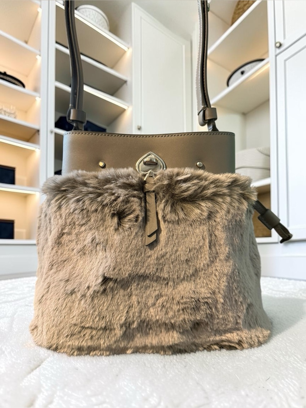 Kate Spade Faux Fur Bucket Bag in Taupe Brown - Designer Style - Picture 2 of 6